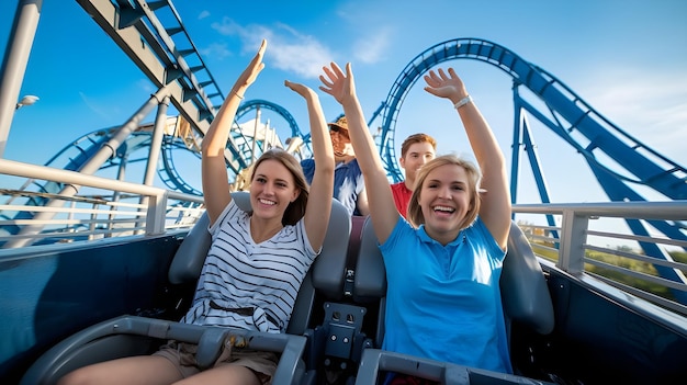 Photo happy friends riding roller coaster