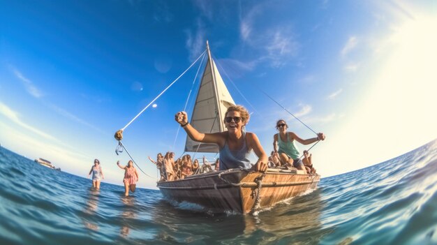 Photo happy friends on a small sailboat floating on the surface of the calm light blue sea water