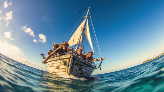 Photo happy friends on a small sailboat floating on the surface of the calm light blue sea water