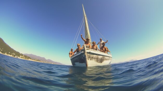 Photo happy friends on a small sailboat floating on the surface of the calm light blue sea water