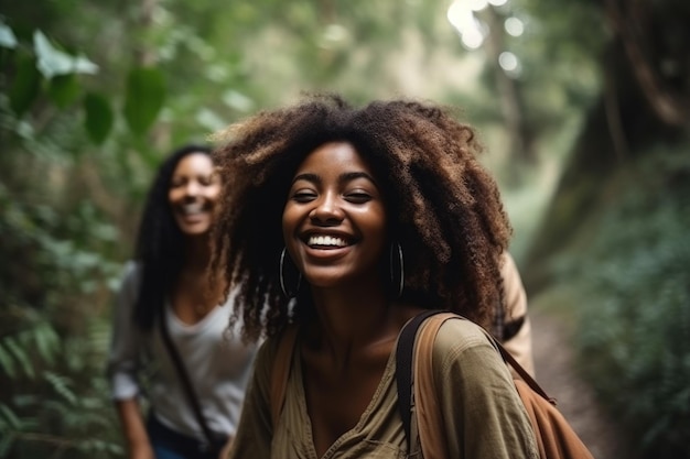 Happy friends and smile with a black woman in nature for freedom adventure and fun on the road