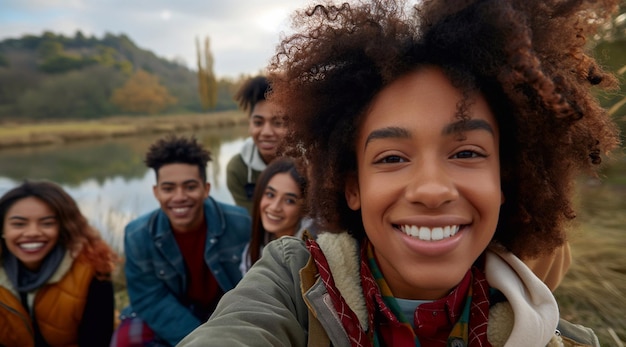 Happy friends taking a selfie diverse young people smiling and having fun together in a nature