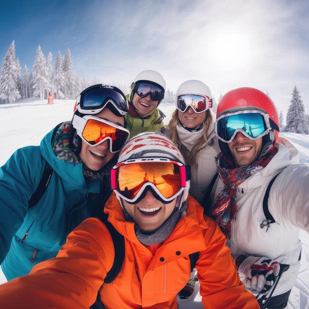 Photo happy friends taking a winter ski trip selfie