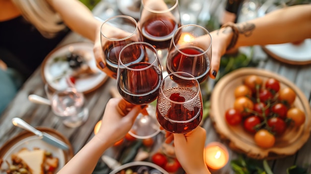 Happy friends toasting glasses of red wine at summer party