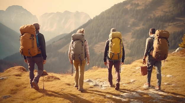 Happy friends with backpacks having trekking Generative AI