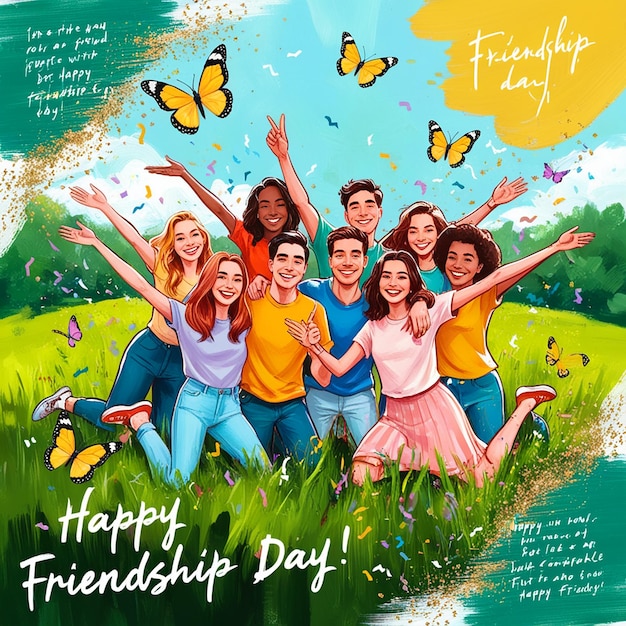 Happy friendship day card of friend group Over the world