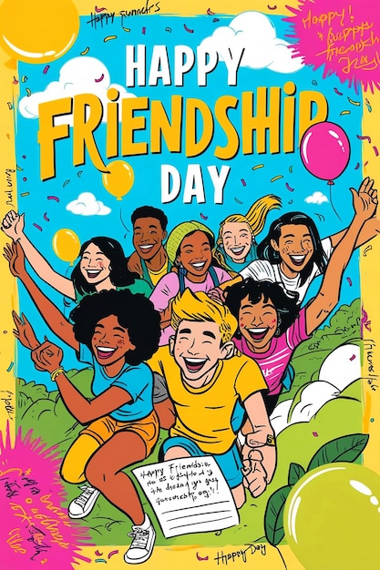 Happy friendship day card of friend group Over the world