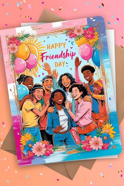 Happy friendship day card of friend group Over the world