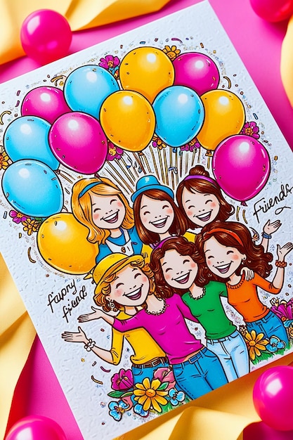 Happy friendship day card of friend group Over the world