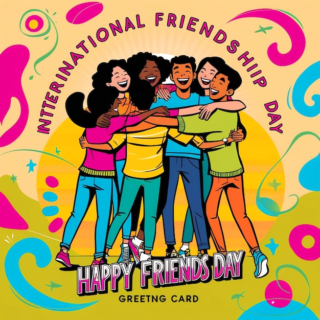 Happy friendship day card of friend group Over the world