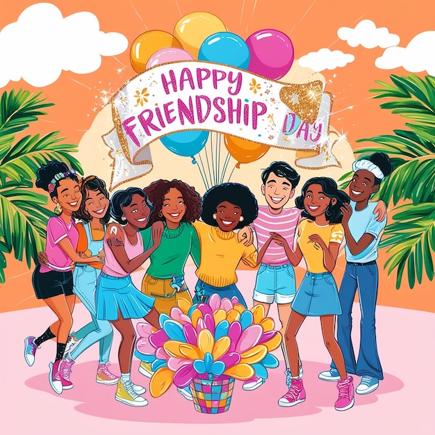 Happy friendship day card of friend group