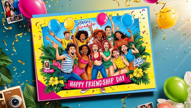 Happy friendship day card of friend group