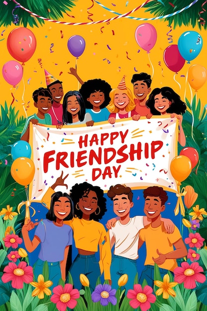 Happy friendship day card of friend group