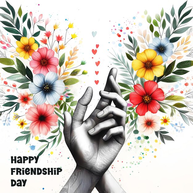 Photo happy friendship day greeting card illustration and hand drawn gray watercolor hand holding hand