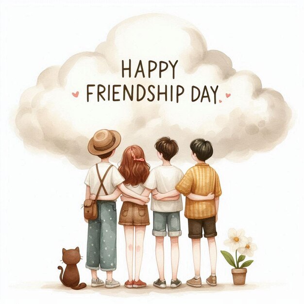 Happy friendship day greeting card with four child friends background