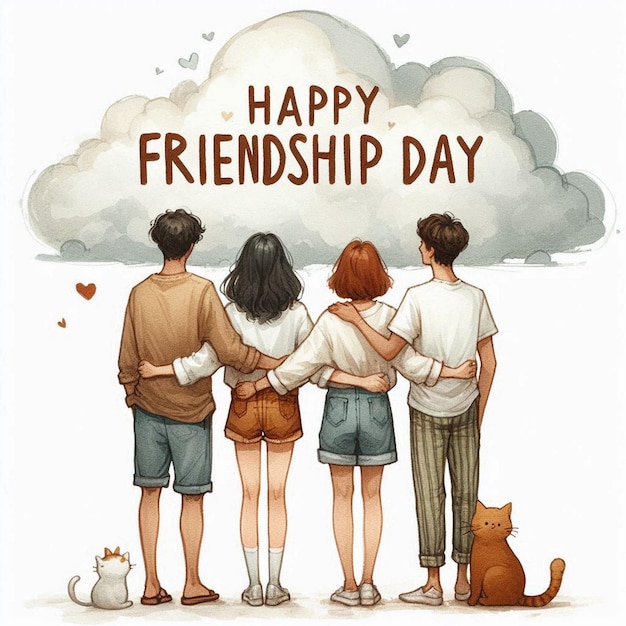 Happy friendship day greeting card with four child friends background