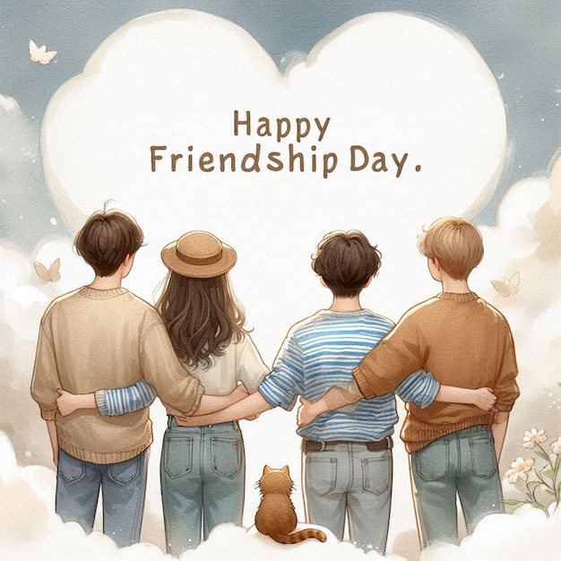 Happy friendship day greeting card with four child friends background