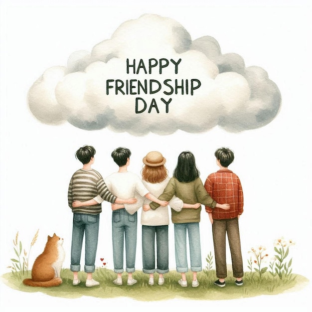 Happy friendship day greeting card with four child friends background