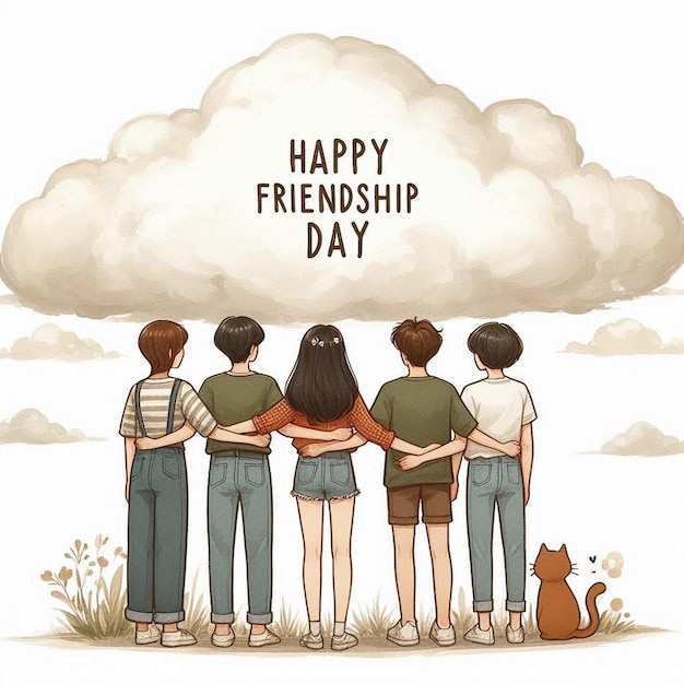 Happy friendship day greeting card with four child friends background