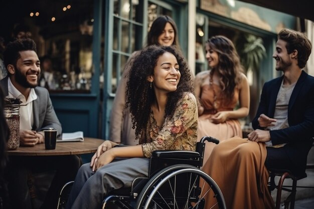 happy friendship having great time of diverse friends with disabilities on wheelchair