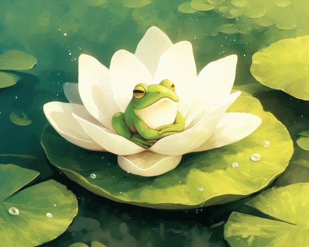 A happy frog sitting on a lily pad