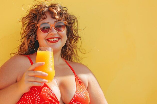 Happy funny cheerful plus size woman having fun on summer vacation