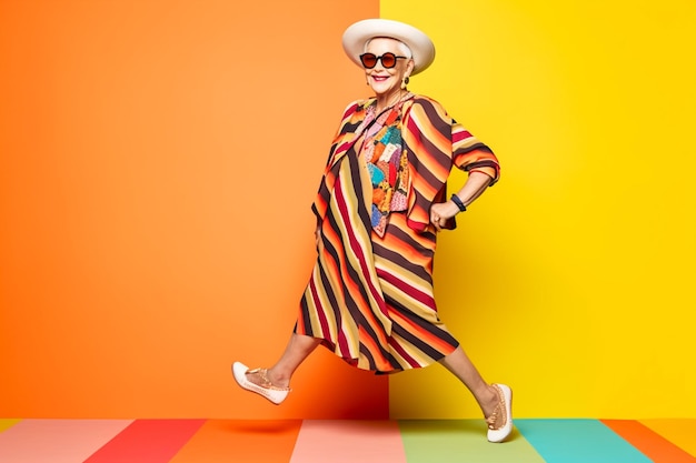 Happy and funny cool old lady with fashionable clothes portrait on colored background Youthful gra