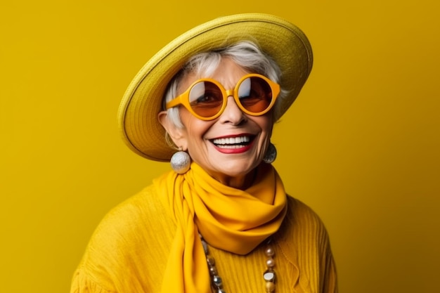 Happy and funny cool old lady with fashionable clothes portrait on colored background Youthful gra