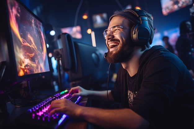 A happy gamer man wearing headphones is using a computer at night with Generative AI