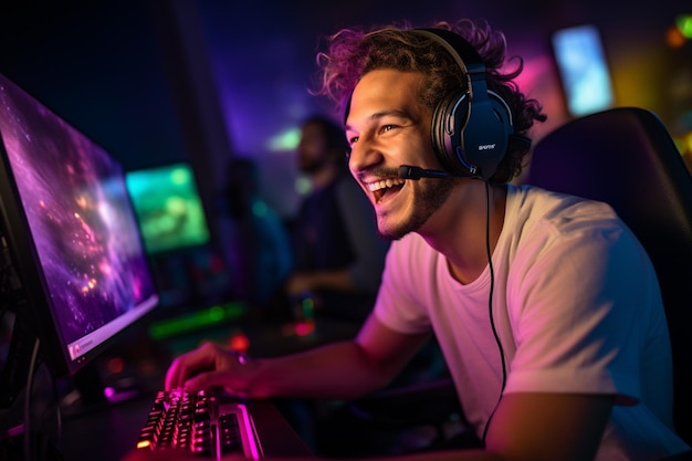 A happy gamer man wearing headphones is using a computer at night with Generative AI