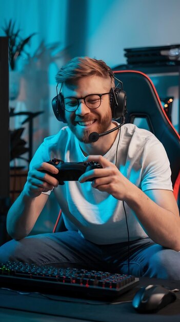 Photo a happy gamer playing rpg video game in gaming room