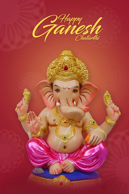 Happy Ganesh Chaturthi Greeting Card design with lord ganesha sclupture