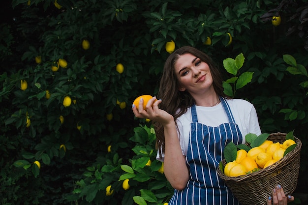 Happy gardener in a striped apron harvests lemons lemonade advertisement