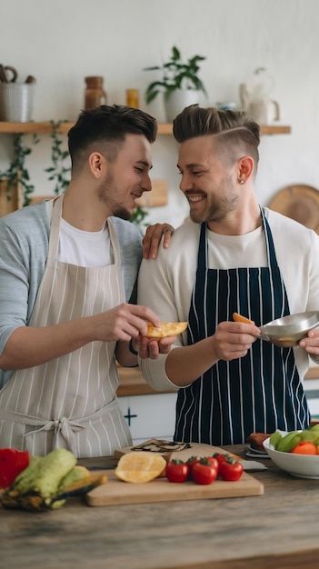 Photo happy gay couple cooking together in the kitchen two boyfriends in love spending time together