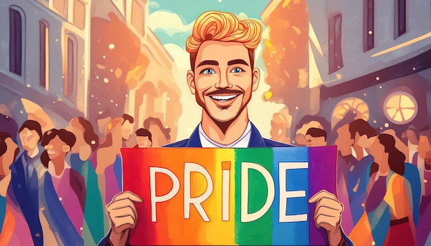 Happy gay man at a pride march holding a rainbow colored sign with written Pride text word