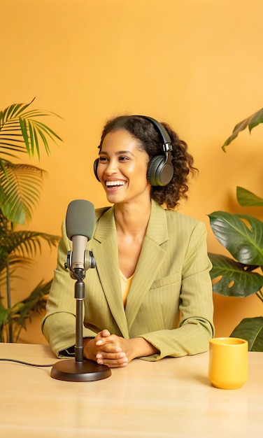 A happy gen woman is interviewing in a podcast studio