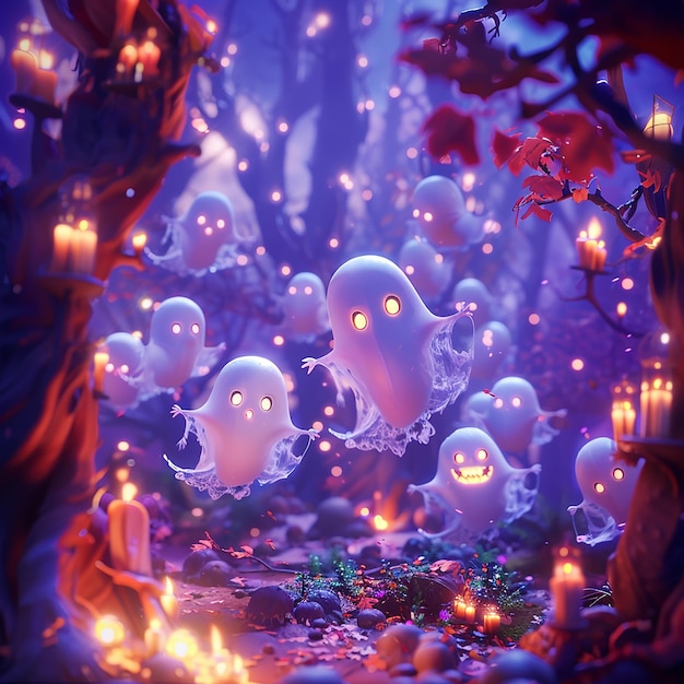 Happy ghosts fly in a ghost land The background looks beautiful with beautiful lights Cinematic H