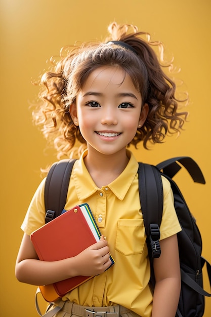 Happy girl back to school carrying books and backpack yellow background school