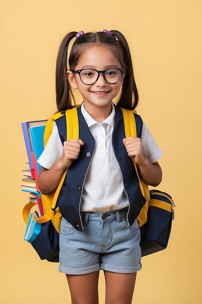 Happy girl back to school carrying books and backpack yellow background school