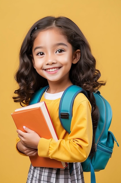 Happy girl back to school carrying books and backpack yellow background school