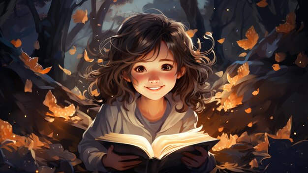 happy girl child reading book fond of novel or fairytale