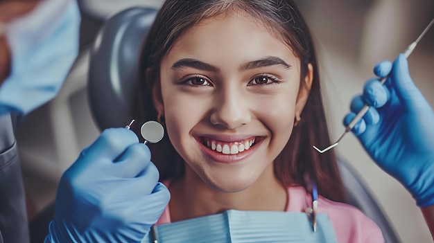 Happy girl in dental chair with smiling mouth and raised eyebrows