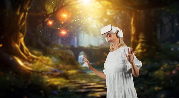 Happy girl enjoy looking at nature view hologram in vr glasses contraption