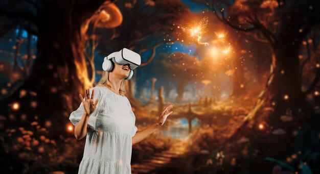 Photo happy girl enjoy looking at nature view hologram in vr glasses contraption