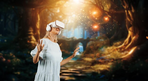 Photo happy girl enjoy looking at nature view hologram in vr glasses contraption