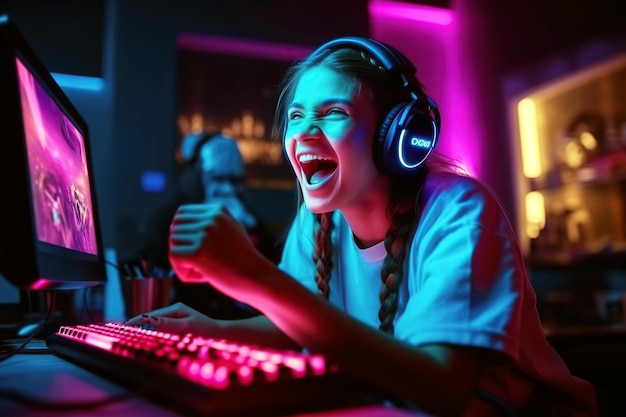 Happy girl an esports gamer player behind the monitor is happy to win an cybersports game competition Generative AI