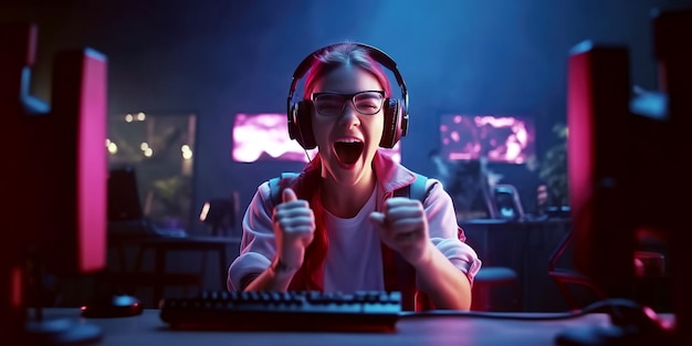 Happy girl an esports player behind the monitor is happy to win an cybersports game competition Generative AI illustration