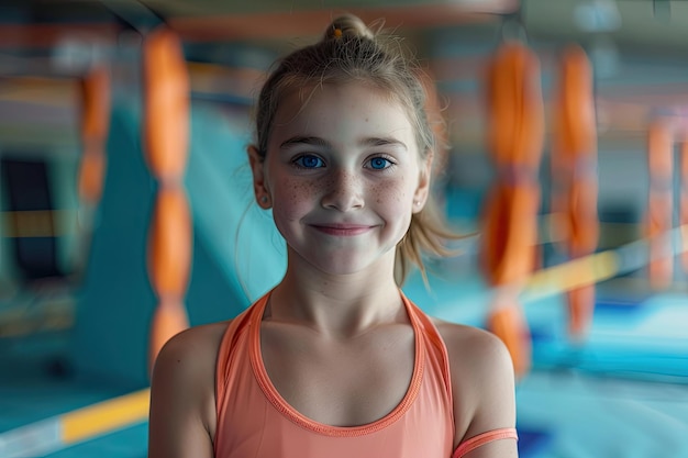 Photo happy girl gymnast standing in gym during practice workout