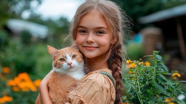 Happy girl in hat holding cute cat on background of house and green garden summer time