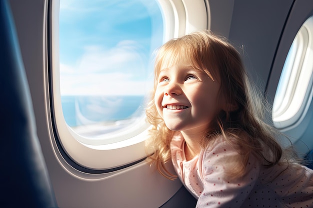 Happy Girl Looks at Airplane Window Young Girl in Aircraft Air Flight Family Travel by Plane Generative AI Illustration